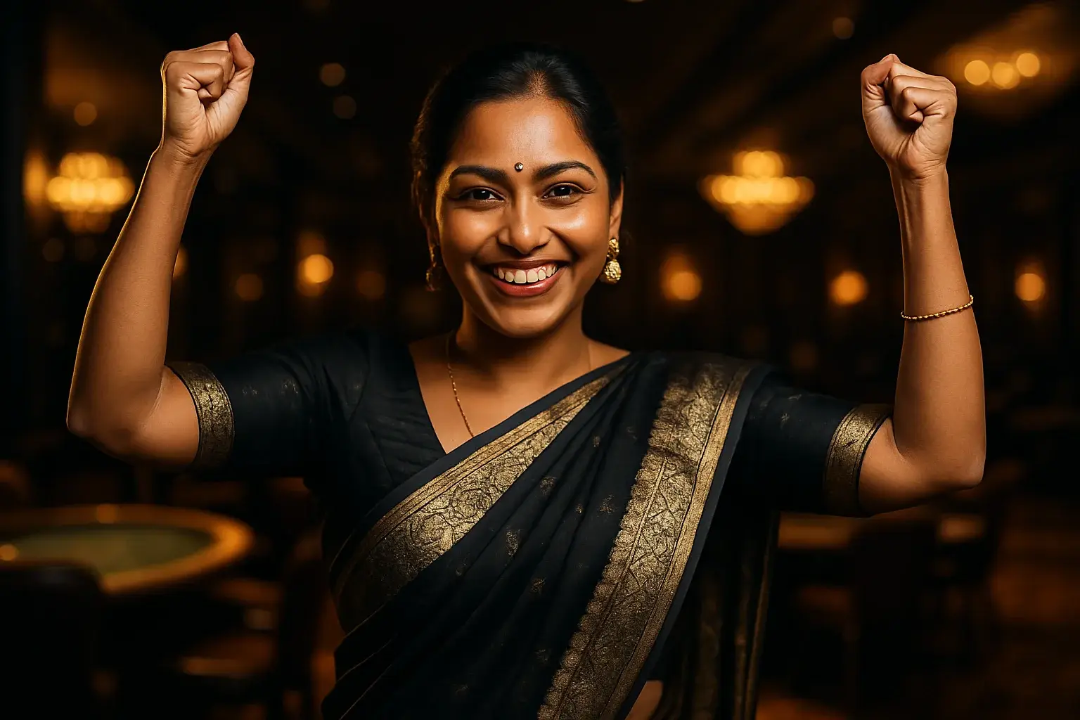 Confident Bangladeshi woman in elegant saree raising arms in victory in casino lounge