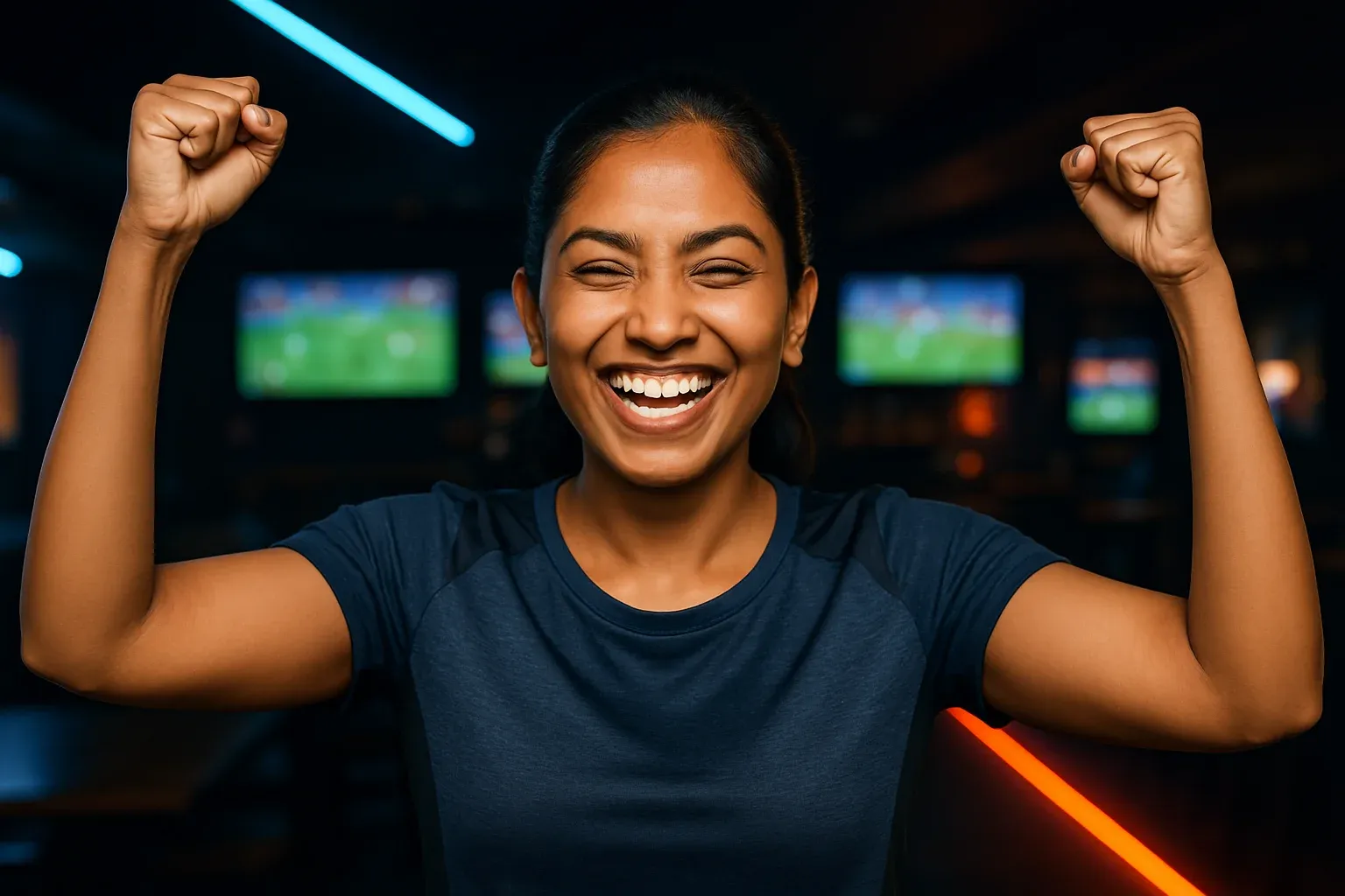 Joyful Bangladeshi woman in modern sportswear celebrating with arms raised