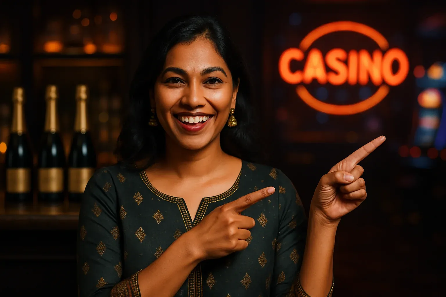 Happy Bangladeshi woman pointing at win in blurred casino bar