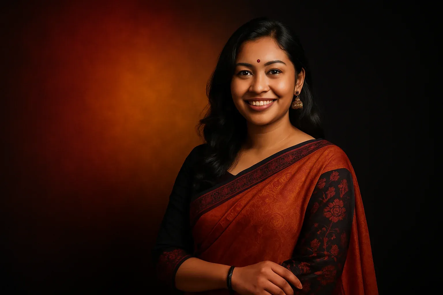 High-resolution portrait of happy Bangladeshi woman in modern fusion wear