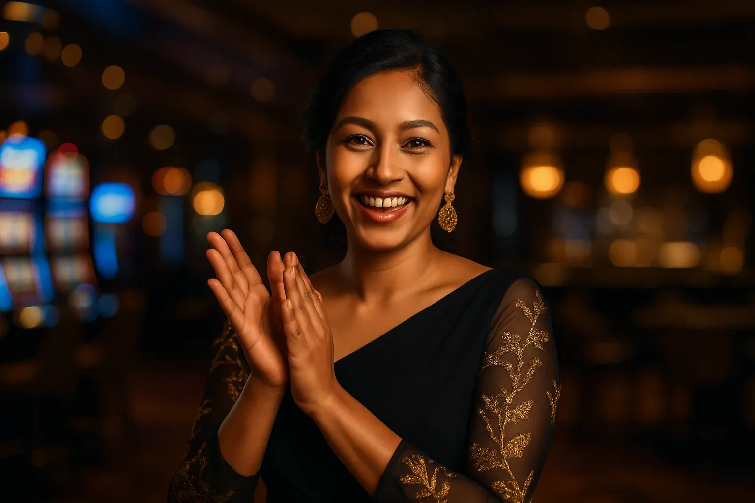 Joyful Bangladeshi woman celebrating in evening dress at blurred casino bar