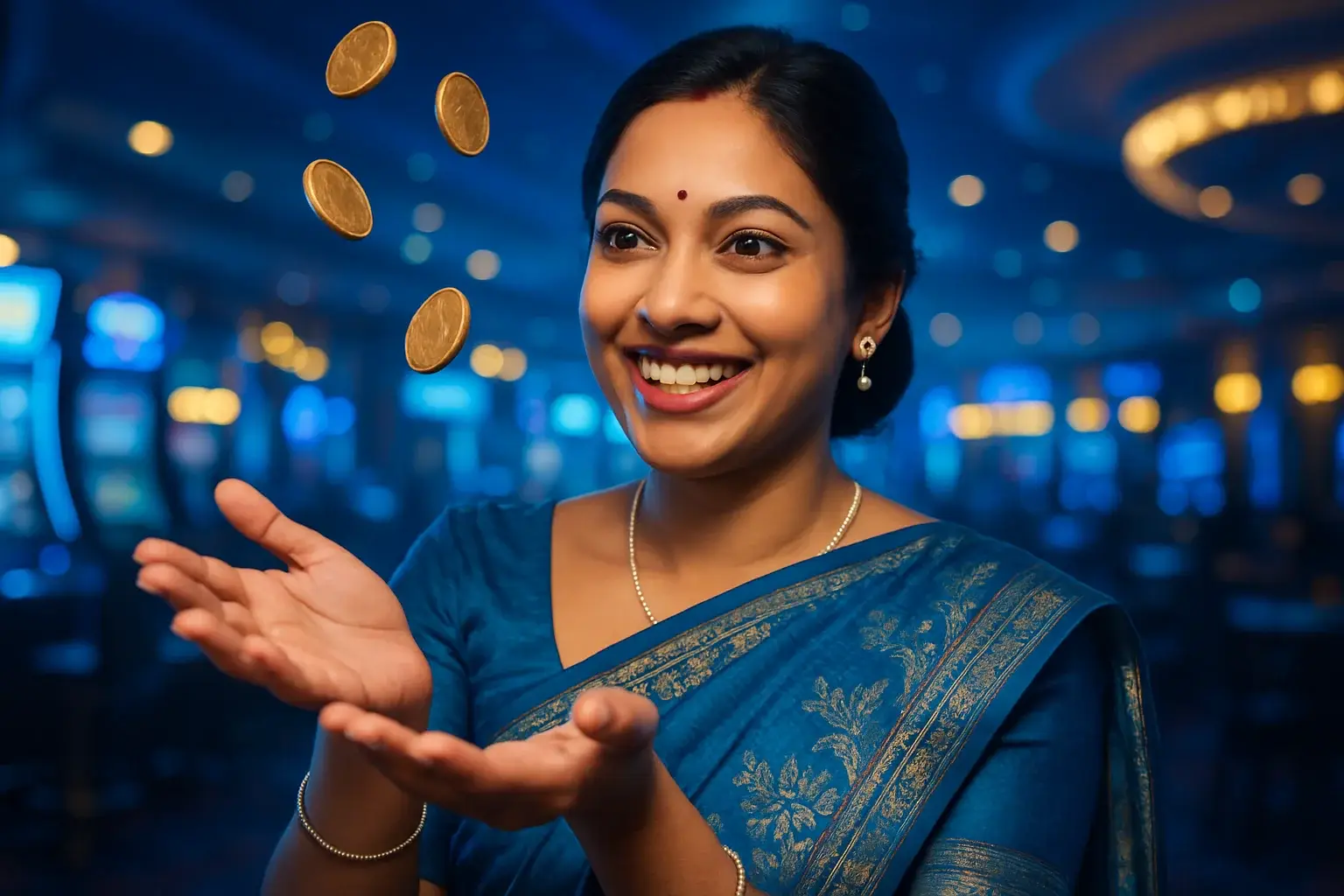 Happy Bangladeshi woman in elegant saree catching imaginary coins in casino